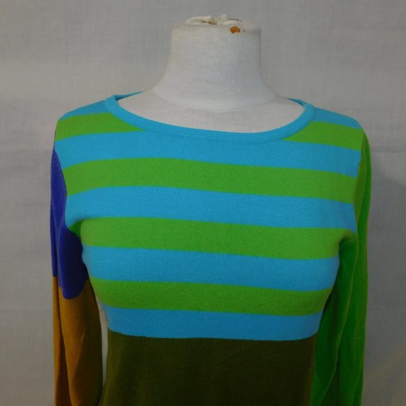 Isaac Mizrahi Womens M Colour Block Light Knit Sweater Top Blue Green Yellow - Picture 2 of 9
